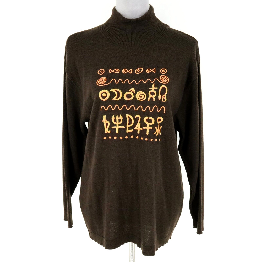 Crisca Sweater Womens 6 US 36 EU Brown Wool Embroidered Mock Neck Y2K Vintage